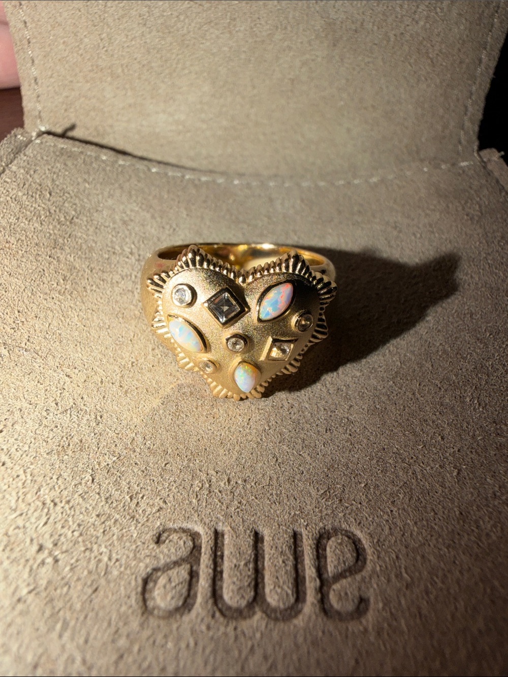 Awe Inspired Gold Heart Cluster Ring with Opal Accent Stones